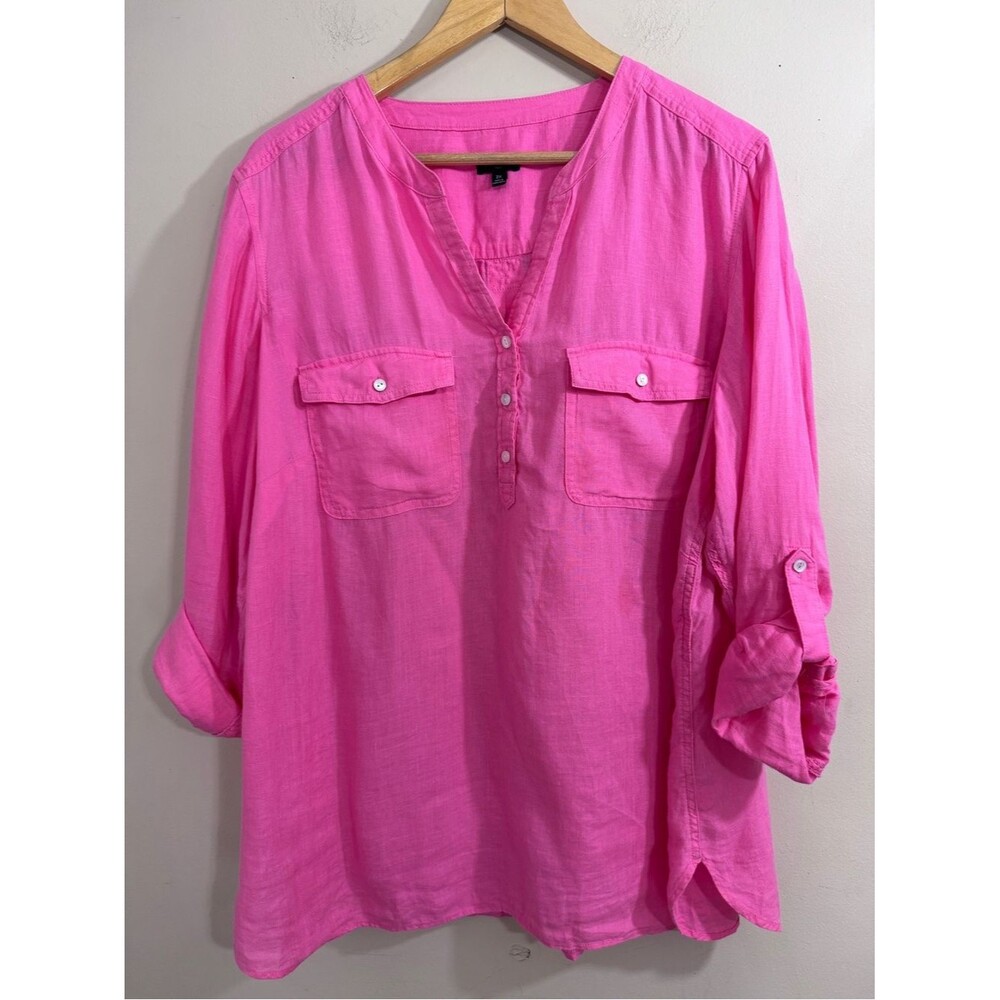 Talbots Women’s Pink Linen Popover Top Roll Tab Sleeve size 2X Vacation Resort